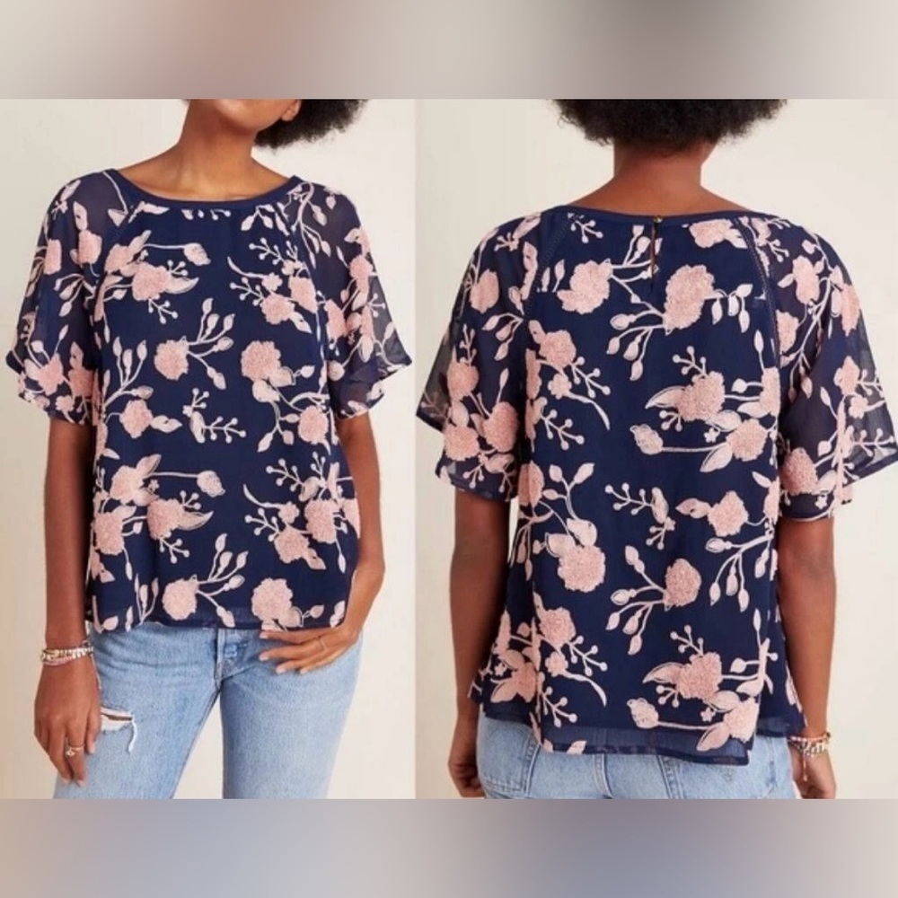 Maeve by Anthropologie Navy and Pink Floral Embroidered Blouse - Size M
